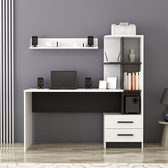 Puijas Skrivebord 120 cm med Oppbevaring Skuff+Hyller+Vegghy - Hvit/Svart
