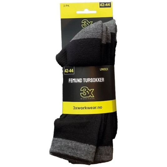 3x Workwear Tursokk femund sort koks 42 44 3pk ull/akryl/pol/elastan