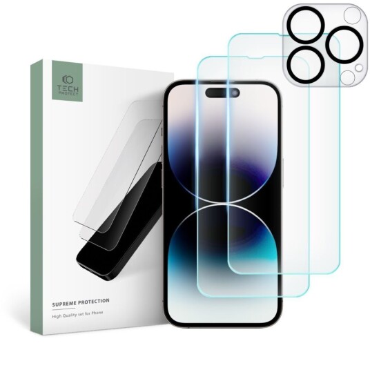 Tech-Protect iPhone 14 Pro Max Tech-Protect Supreme Beskyttelsessett m. 2 x Skjermbeskyttelse og Kameralinsebeskyttelse - Gjennomsiktig