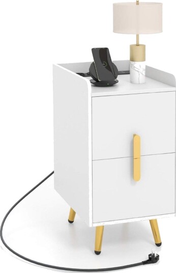 Nattbord med ladestasjon – 2 skuffer USB porter hvit