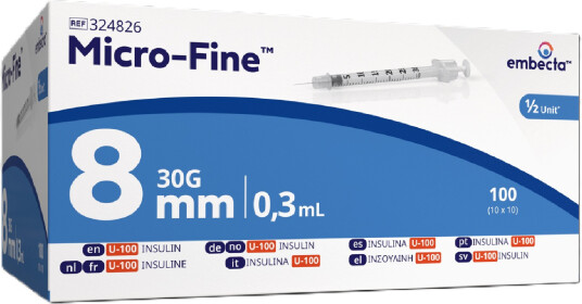 Micro-Fine insulinsprøyte U-100 0,3 ml 30G/8 mm 100 stk Micro-Fine insulinsprøyte U-100 0,3 ml 30G/8 mm 100 stk