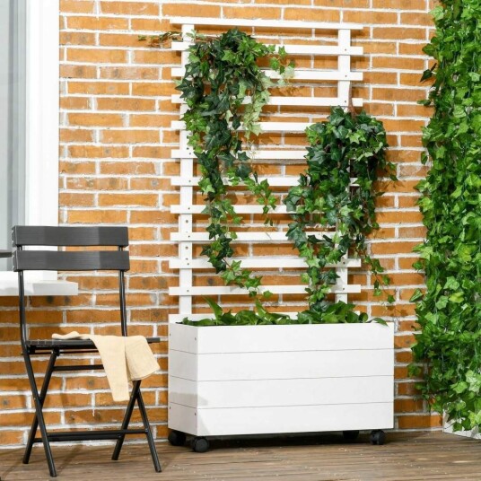 Plantekasse med espalier, blomsterkasse med hjul, høybed for klatreplanter, naturlig tre, hvit, 76 x 30 x 155 cm for hage Plantekasse med espalier, blomsterkasse med hjul, høybed for klatreplanter, naturlig tre, hvit, 76 x 30 x 155 cm for hage