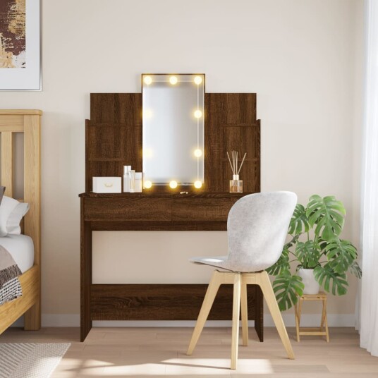 Sminkebord med LED brun eik 96x40x142 cm 8721012045224