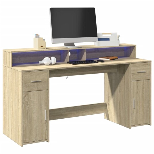 Skrivebord med LED-lys sonoma eik 160x55x91 cm konstruert tre