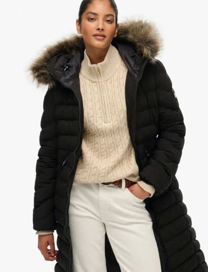 Superdry Fuji Faux Fur Hooded Longline - Black - S Superdry Fuji Faux Fur Hooded Longline - Black - S