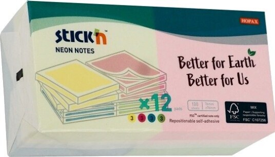 Sticky Notes, 76X76mm, Neon Colors, 12-Pack