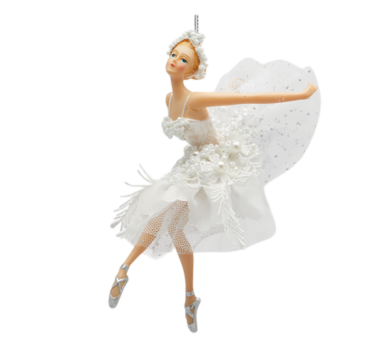 Juletrepynt ballerina med perlehårbånd foran snor 18 cm hvit