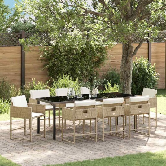 9 Delt Hagemøbel Sett med Puter Beige Poly Rattan
