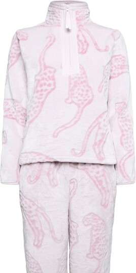 Chelsea Peers Leopard Print Fleece Half Zip Lounge Set   PINK   14