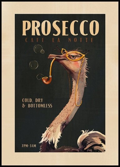 Art Deco Prosecco Wall Art Of An Ostrich Poster Plakat / 40x50cm