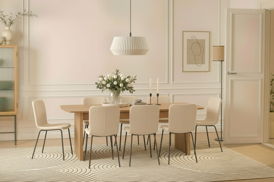 Bark Richeto Spisebord 240 cm med 8 Katy Spisestoler Naturlig finish / Hvit Bouclé / Metallben Svart Bark Richeto Spisebord 240 cm med 8 Katy Spisestoler Naturlig finish / Hvit Bouclé / Metallben Svart