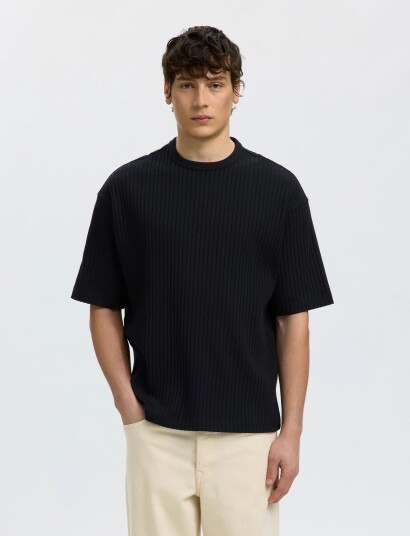 Selected Slmrelaxsimon Ribbed Ss Tee   Black   M