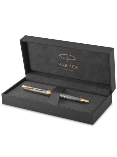 Parker Sonnet Ballpoint Pen  Chiselled Sølv with Gull Trim  Medium Point Svart Ink  Gift Box
