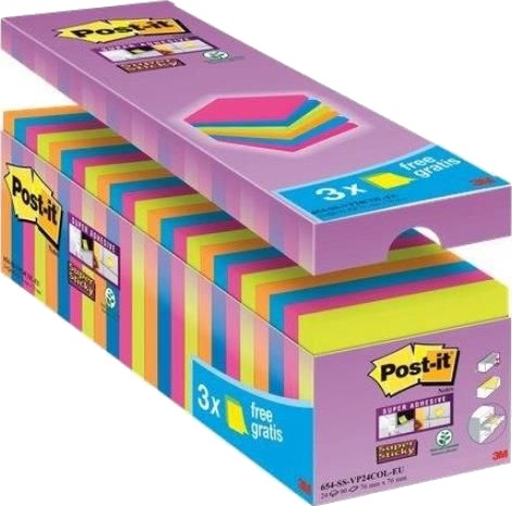 Post-It Notatblokk Super Sticky 654-Ss-Vp24col 76X76 Mm – Blandede Farger (24X90 Ark)