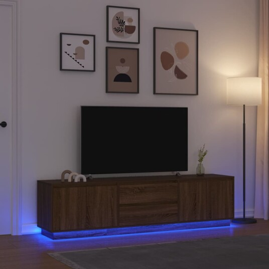 TV benk med LED lys brun eik 193,5x41x50 cm