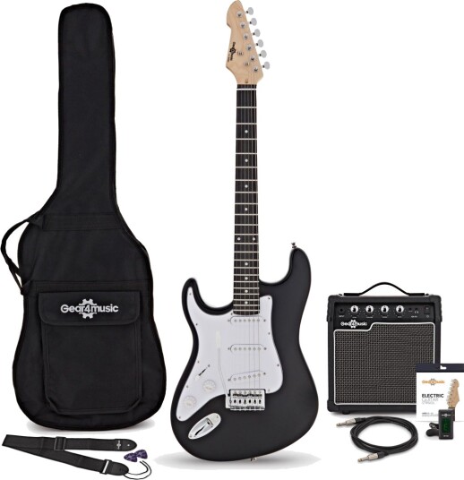 Gear4Music LA Venstrehendt Elektrisk Gitar Svart med 10 W Forsterkerpakke