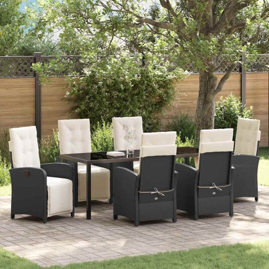 7-delt hage spisegruppe med puter svart poly rattan