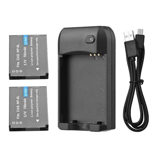 NP-6L Batterilader Med LED Indikatorlys + 2 stk. NP-6L Batterier 3.7V 700mAh Med USB Ladekabel
