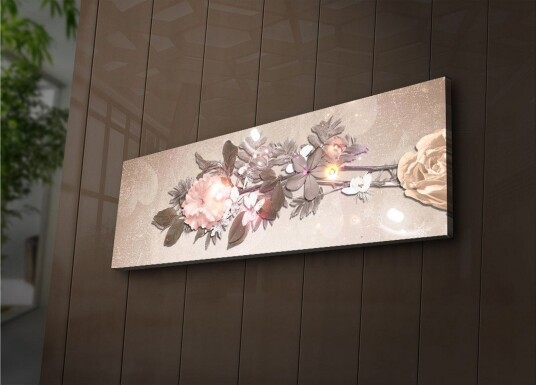 Lerretsbilde med LED belysning 30x90 cm Fargerik blomsteroppsats med roser og blader Lys rosa / Grønn / Beige