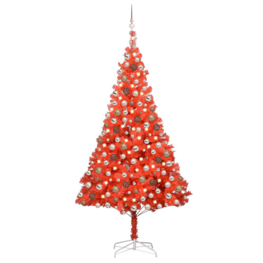 vidaXL Kunstig juletre med LED og kulesett i rødt 210 cm PVC