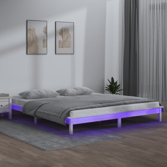 vidaXL Sengeramme med LED hvit 150x200 cm 5FT King Size heltre