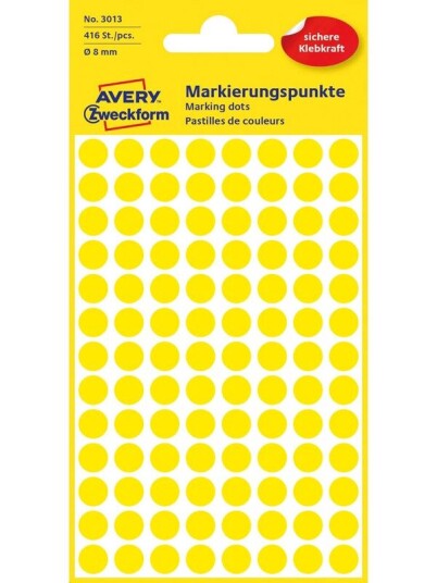 Avery Permanente, fargede markeringsprikker , Til markering, Ø 8 mm, Gul