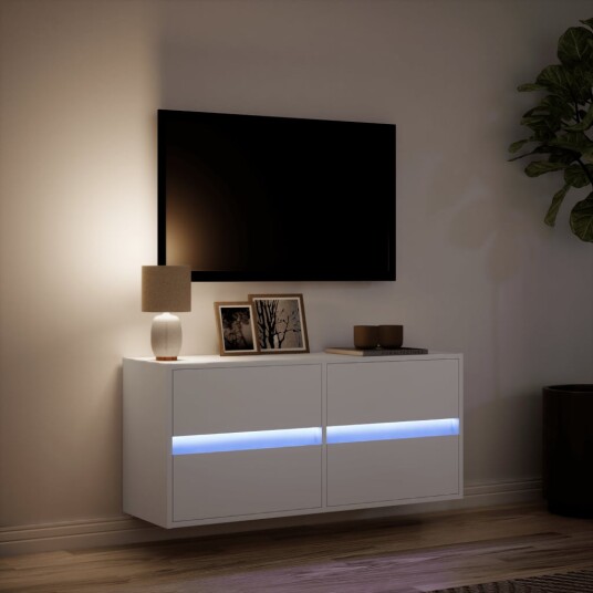 Vegghengt TV-benk med LED hvit 100x31x45 cm 852292 Vegghengt TV-benk med LED hvit 100x31x45 cm 852292