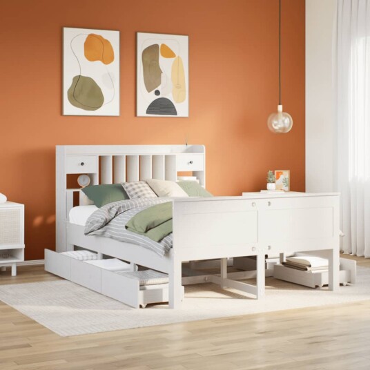 Seng med bokhylle uten madrass hvit 160x200 cm heltre furu 8721158383556