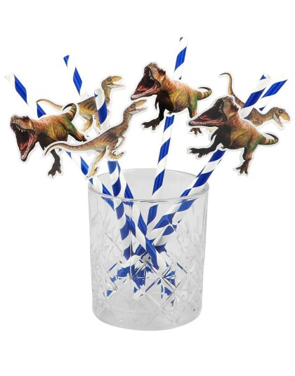 6 stk Blå Stripete Sugerør med Dinosaur Dino Party