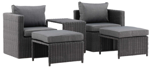 Venture Design Quad kafésett Svart med grå pute 2 lenestoler, 2 fotskammel & bord 63x42 cm Svart Venture Design Quad kafésett Svart med grå pute 2 lenestoler, 2 fotskammel & bord 63x42 cm Svart