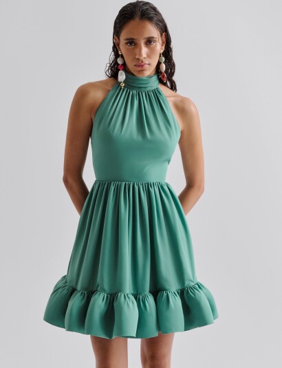 Malina Fern Halterneck Ruffled Mini Dress Green XS Malina Fern Halterneck Ruffled Mini Dress Green XS