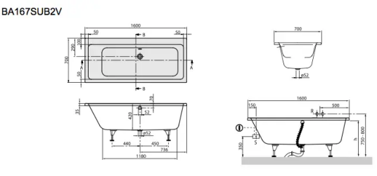 V&B Subway Badekar for innbygging 1900x900 mm, Med avløpssett og bensett
