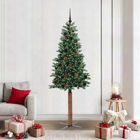  Slim juletre med 300 LED grønn 210 cm PVC og Massivt Furu tre