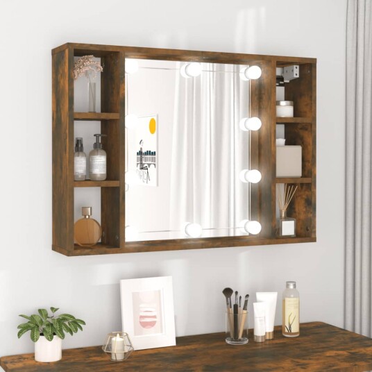 vidaXL Speilskap med LED røkt eik 76x15x55 cm