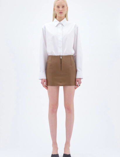 REMAIN Birger Christensen Mini Leather Skirt   Brown   34