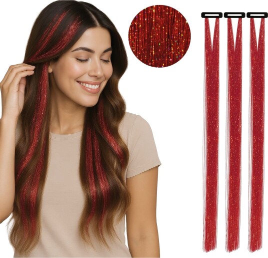 3 stk Tinsel Hair Extensions 50 cm - Rød 3 stk Tinsel Hair Extensions 50 cm - Rød
