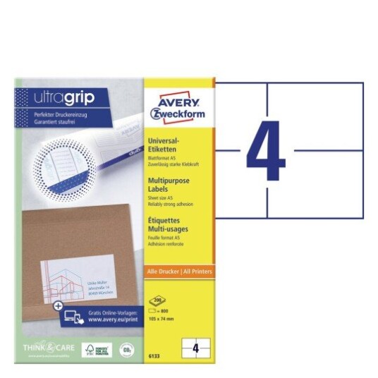 Avery Universal-etiketter på A5-ark  Ultragrip  hvit 105 X 74 modell 6133