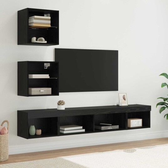 TV veggenheter med LED med LED 5 pcs Svart Eik Konstruert tre TV veggenheter med LED med LED 5 pcs Svart Eik Konstruert tre