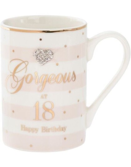 Gorgeous at 18 Rosa og Hvitt Porselenskrus med Gullfarget Tekst og Sølvhjerte Gorgeous at 18 Rosa og Hvitt Porselenskrus med Gullfarget Tekst og Sølvhjerte