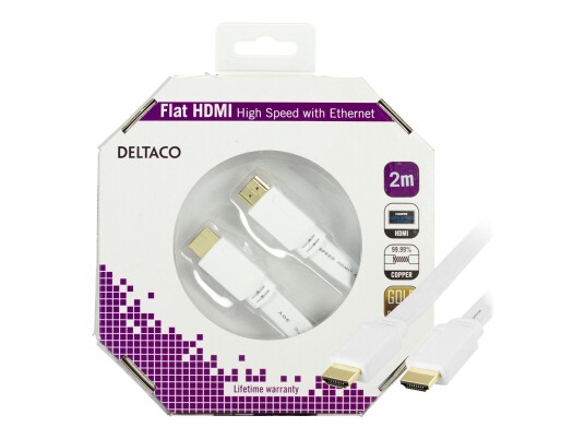 Deltaco HDMI-kabel 2m Flat Ethernet 4K Hvit