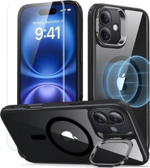 ESR Classic Hybrid Kickstand Halolock MagSafe Case Set + Tempered Glass for iPhone 16 - Black