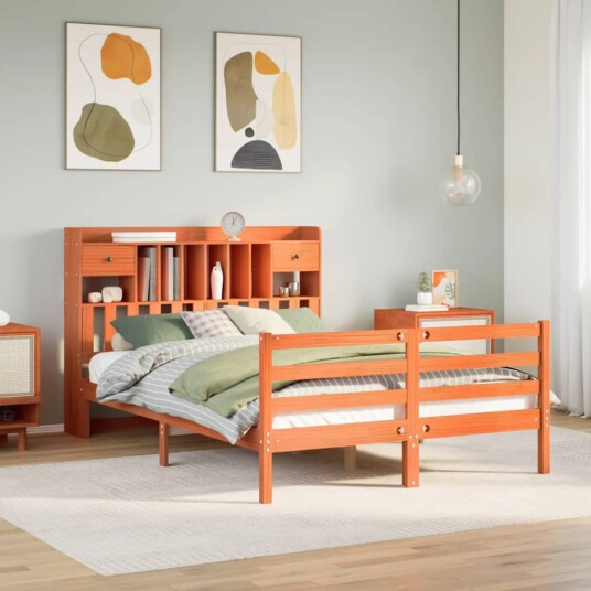  Seng med bokhylle uten madrass voksbrun 150x200 cm heltre furu 8721158607447