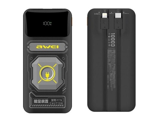 Awei Powerbank Su Innebygd Lightning/Usb-C-Kabel P77k 10000Mah Juoda/Juodas 22,5W