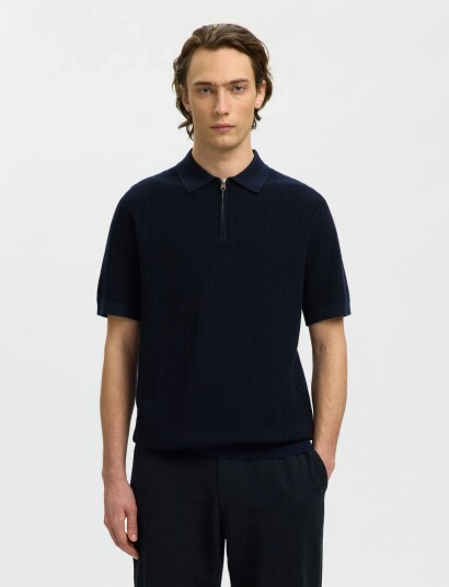 Selected Slmcran Ss Knit Structure Zip Polo Noos   Navy   XXL