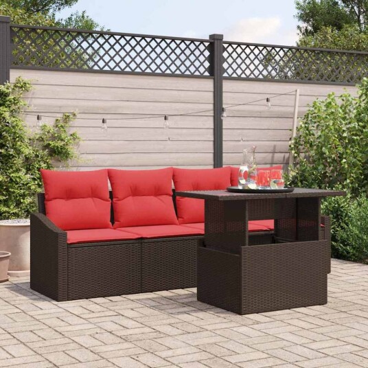 vidaXL Hagesofa Set 5 stk. 4-Antall seter Brun og rød Poly rattan