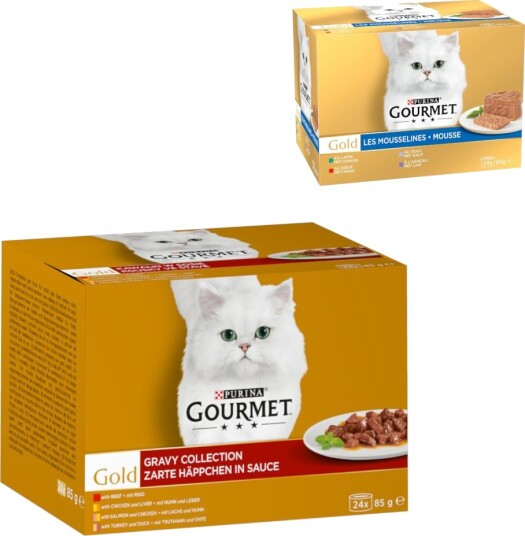 Gourmet Våtfôr Jumbopakke Gold + Fin Pâté Blandet Pakke På Kjøpet Collektion I Saus & Lever Laks & & And + Blandet Kjøtt Kanin Kalv Kylling Kalkun Lam Okse 96 X 85 G 24 X 85 G 96 X 85 G 24 X 85 G