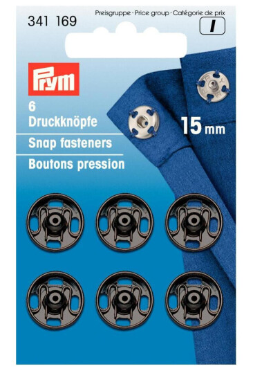 Trykknapper til å sy på 6 stk x 15 mm svart