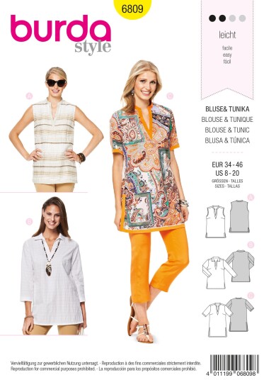Burda 6809 - Bluse & Tunika EUR: 34-46, US: 8-20