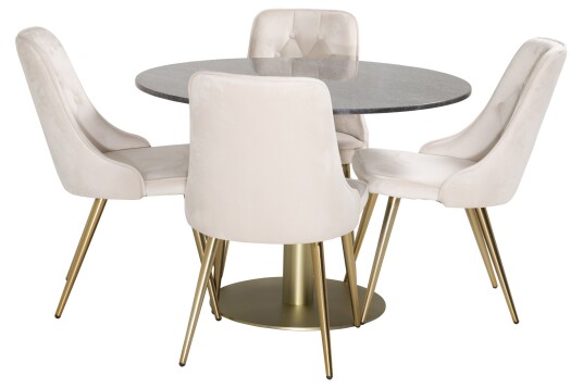 Venture Home Estelle Spisegruppe 106 cm Rund med 4 Velvet Stoler Beige