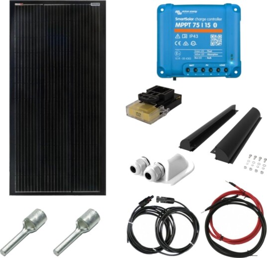 SKANBATT 200W All Black Slim Mono komplett kit med VICTRON BT MPPT. SKANBATT 200W All Black Slim Mono komplett kit med VICTRON BT MPPT.